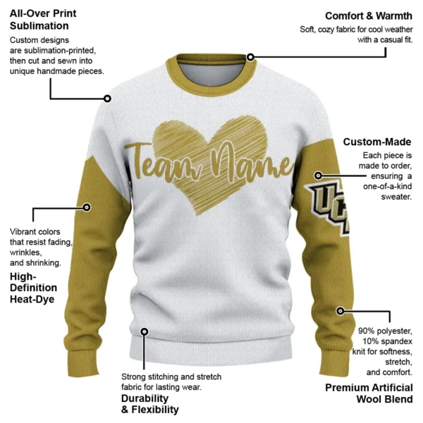 Ucf Knights Sweater Custom Heart Sketch Gold White New Arrival