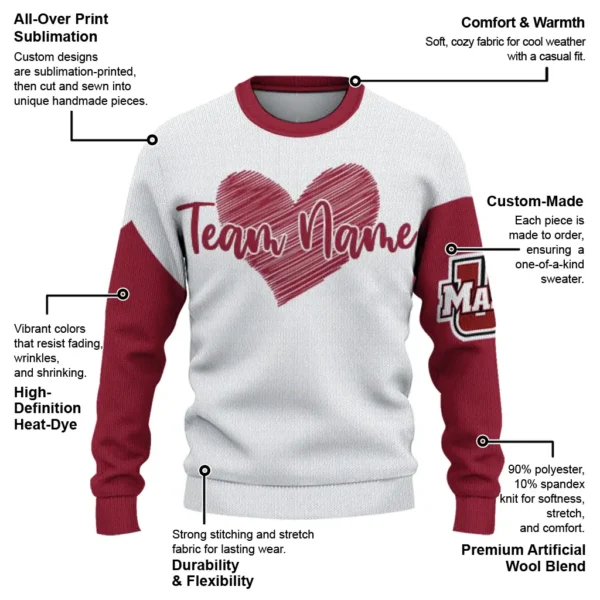 Umass Minutemen Sweater Customized Heart Sketch Red White New Arrival