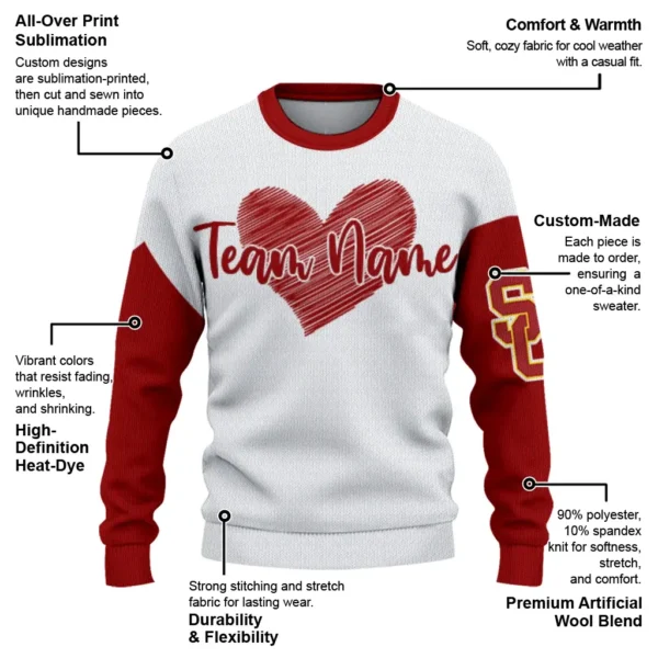 Usc Trojans Sweater Personalized Heart Sketch Red White New Arrival