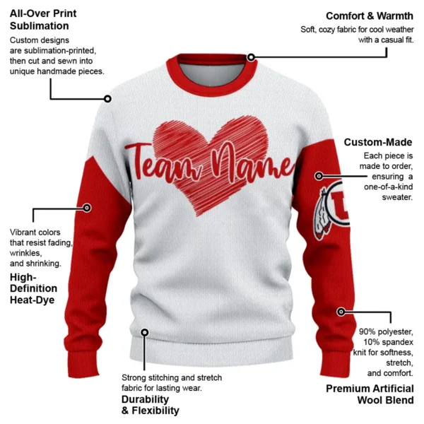 Utah Utes Sweater Custom Heart Sketch Red White New Arrival