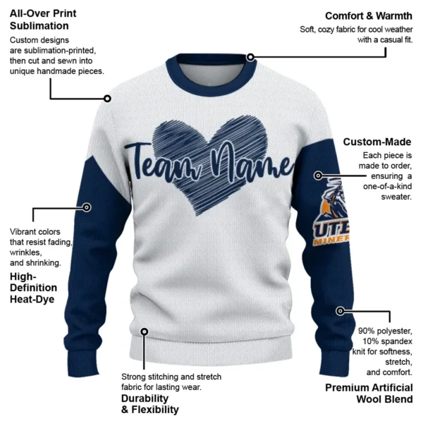 Utep Miners Sweater Personalized Heart Sketch Blue White New Arrival