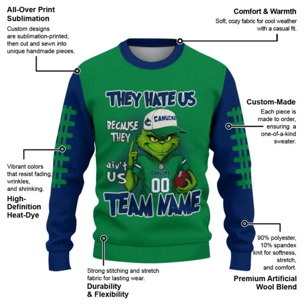 Vancouver Canucks Sweater Custom Grinch Fierce Blue New Arrival