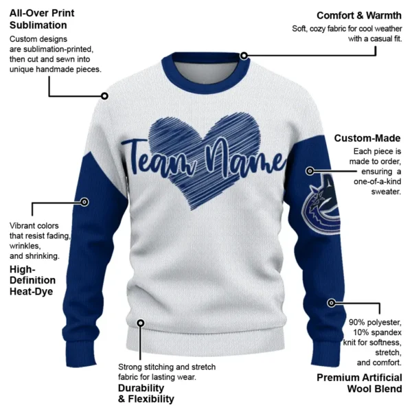 Vancouver Canucks Sweater Customized Heart Sketch Blue White New Arrival