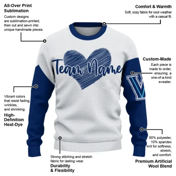 Villanova Wildcats Sweater Customized Heart Sketch Navy White New Arrival