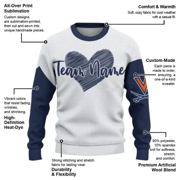 Virginia Cavaliers Sweater Personalized Heart Sketch Blue White New Arrival