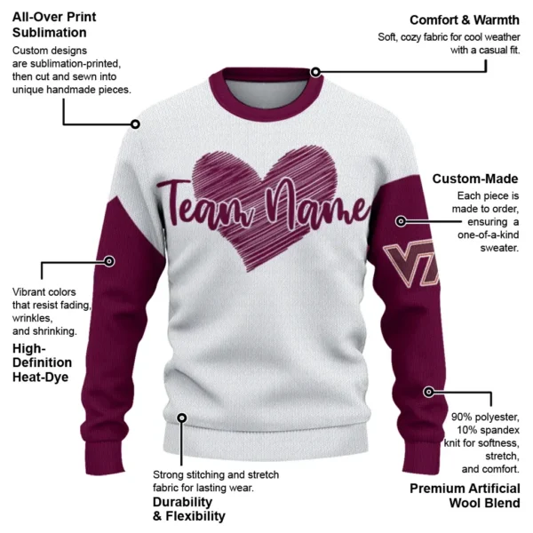 Virginia Tech Hokies Sweater Customized Heart Sketch Maroon White New Arrival