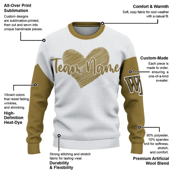 Wake Forest Demon Deacons Sweater Personalized Heart Sketch Gold White New Arrival