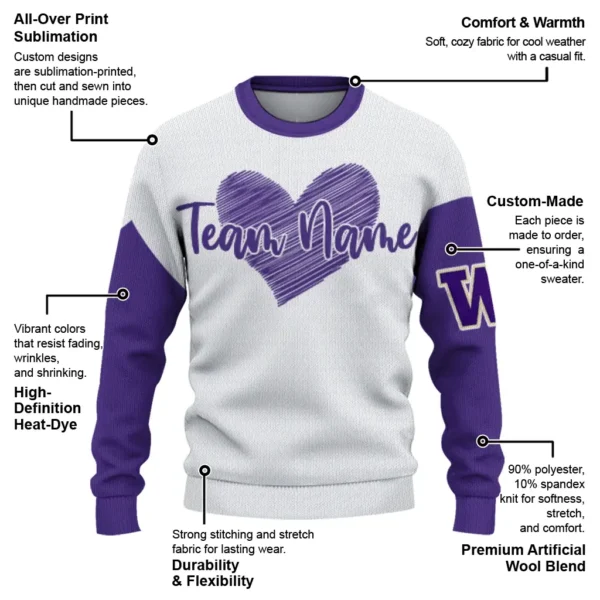 Washington Huskies Sweater Personalized Heart Sketch Purple White New Arrival