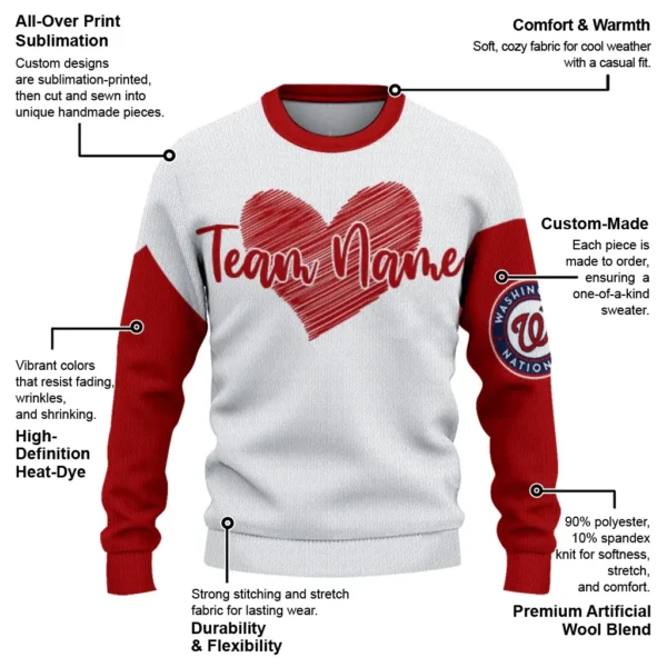 Washington Nationals Sweater Personalized Heart Sketch Red White New Arrival