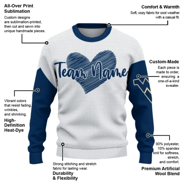 West Virginia Mountaineers Sweater Customized Heart Sketch Blue White New Arrival