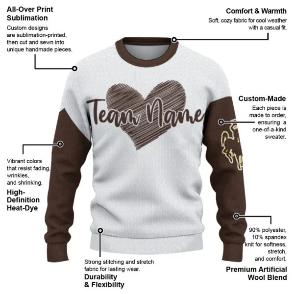 Wyoming Cowboys Sweater Customized Heart Sketch Brown White New Arrival