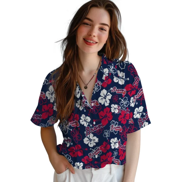 atlanta braves hawaiian shirt hibiscus bloom navy latest model
