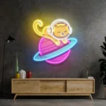 Animals Pets Neon Sign Feeline Astronaut Chilling Tabby 1