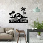 Beach Coastal Metal Sign Couple Ocean Dolphin Palm Tree Beach House Sunset 1