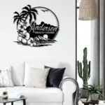 Beach Coastal Metal Sign Custom Beach House Hawaiian Flower Scene 1