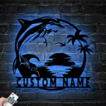 Beach Coastal Metal Sign Custom Dolphin Palm Tree Beach House Sunset 1