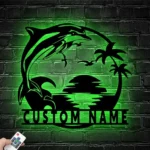 Beach Coastal Metal Sign Custom Dolphin Palm Tree Beach House Sunset 1