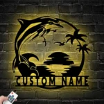 Beach Coastal Metal Sign Custom Dolphin Palm Tree Beach House Sunset 1
