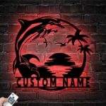 Beach Coastal Metal Sign Custom Dolphin Palm Tree Beach House Sunset 1