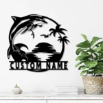 Beach Coastal Metal Sign Custom Dolphin Palm Tree Beach House Sunset 1