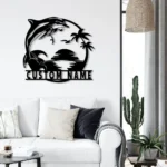Beach Coastal Metal Sign Custom Dolphin Palm Tree Beach House Sunset 1