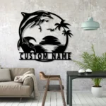 Beach Coastal Metal Sign Custom Dolphin Palm Tree Beach House Sunset 1