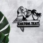 Beach Coastal Metal Sign Custom Parrot Drink A Coconut Water 1