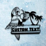 Beach Coastal Metal Sign Custom Parrot Drink A Coconut Water 1