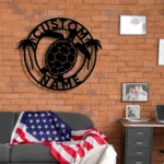 Beach Coastal Metal Sign Personalized Turtle And Palm Tree Name 1