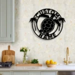 Beach Coastal Metal Sign Personalized Turtle And Palm Tree Name 1