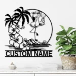 Beach Coastal Metal Sign Pink Flamingo Sunglass Hawaiian Flower Scene 1