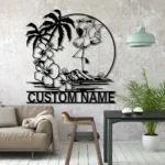 Beach Coastal Metal Sign Pink Flamingo Sunglass Hawaiian Flower Scene 1