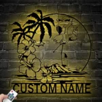 Beach Coastal Metal Sign Pink Flamingo Sunglass Hawaiian Flower Scene 1