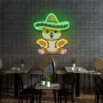 Food Coffee Neon Sign Cute Dog Eating Tacos With Sombreno Hat 1