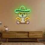 Food Coffee Neon Sign Cute Dog Eating Tacos With Sombreno Hat 1