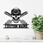 Sports Metal Sign Custom Baseball Skull Crossed Bats Head 1