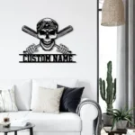 Sports Metal Sign Custom Baseball Skull Crossed Bats Head 1