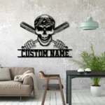 Sports Metal Sign Custom Baseball Skull Crossed Bats Head 1