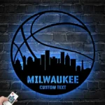 Sports Metal Sign Personalized Milwaukee Skyline Basketball Player Name 1
