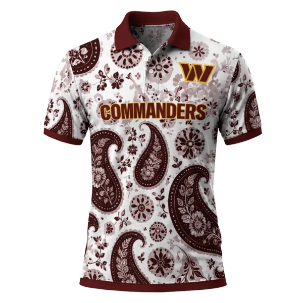 Washington Commanders Polo Shirt - Personalized Paisley Florals Burgundy White